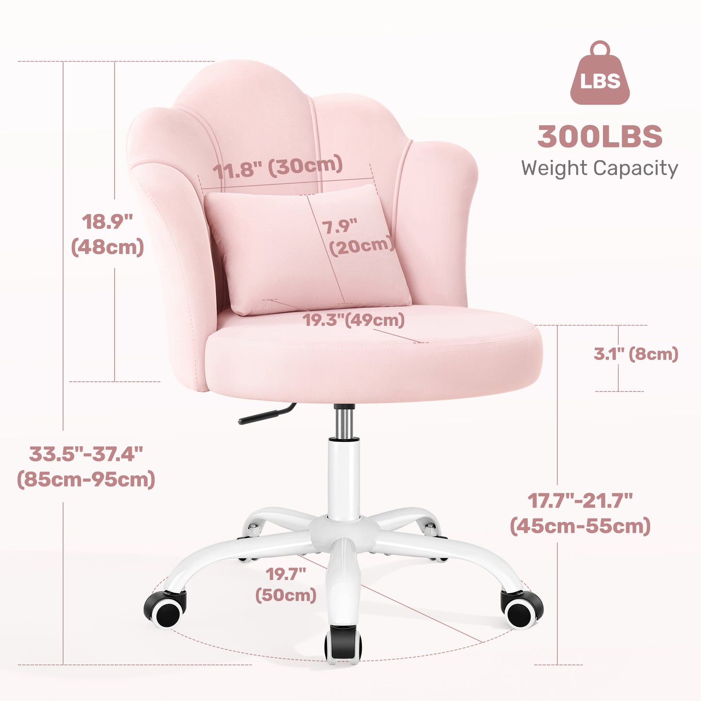Model 1020 Petal Vanity Chair with Wheels, 3.15" Extra Thick Comfy Makeup Chair, Adjustable Modern Swivel Armless Desk Chair for Girls Women, Aesthetic Small Office Chair for Bedroom Dorm