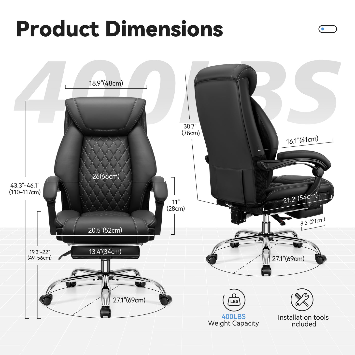 Office Chair, Executive Leather Chair High Back, Ergonomic Computer Desk Chair Lumbar Support, Big and Tall Office Chair with Footrest, Comfy Reclining Chair for Home Office