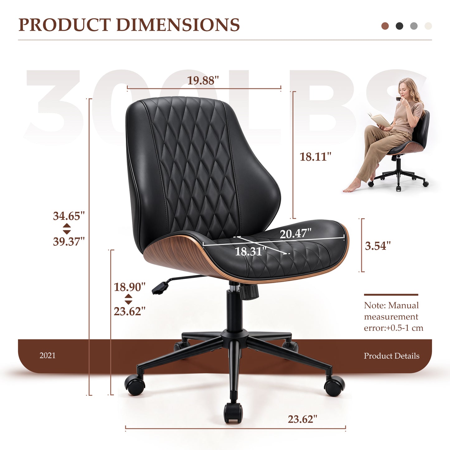 BestGlory Modern Faux Leather Office Chair, Armless Desk Chair, Home Office Diamond Stitching, Rocking, Walnut Accents, Adjustable Height, 360° Swivel, Rolling, 300 lbs Capacity, Computer Chair