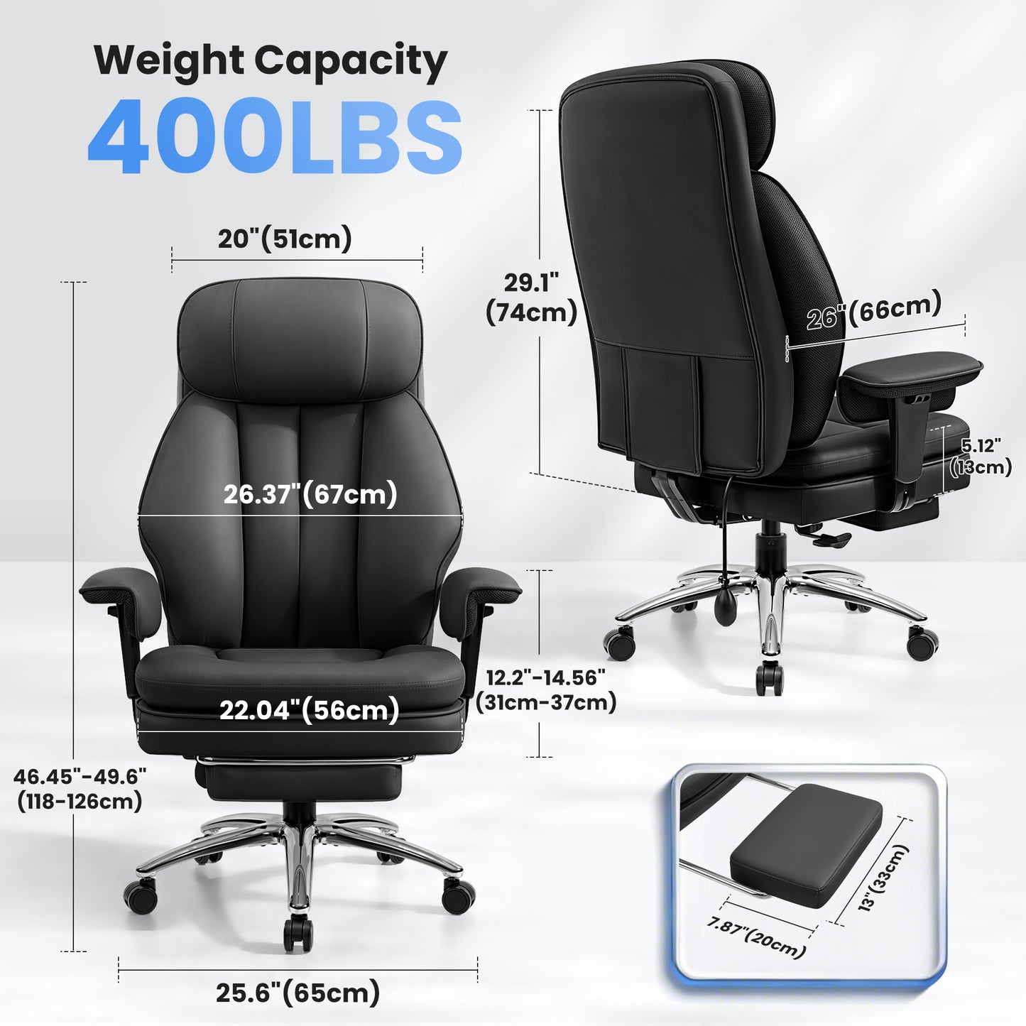 Model 3602 Office Chair 400lbs with Inflatable Lumbar, Ergonomic Double-Layer Cushion & Footrest, Relieve Back Pain, Big and Tall Computer Desk Chair for Home Office Gaming, Scratch-Resistant Leather