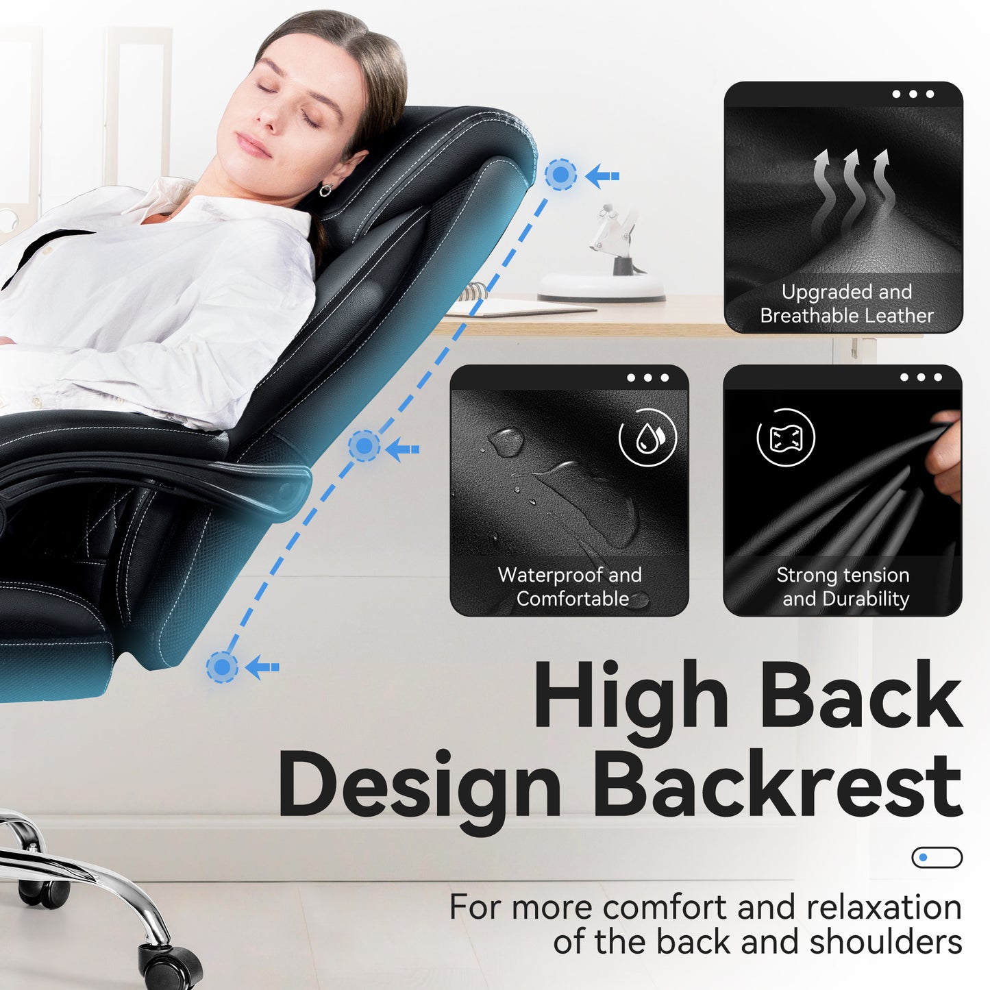 Office Chair, Executive Leather Chair High Back, Ergonomic Computer Desk Chair Lumbar Support, Big and Tall Office Chair with Footrest, Comfy Reclining Chair for Home Office