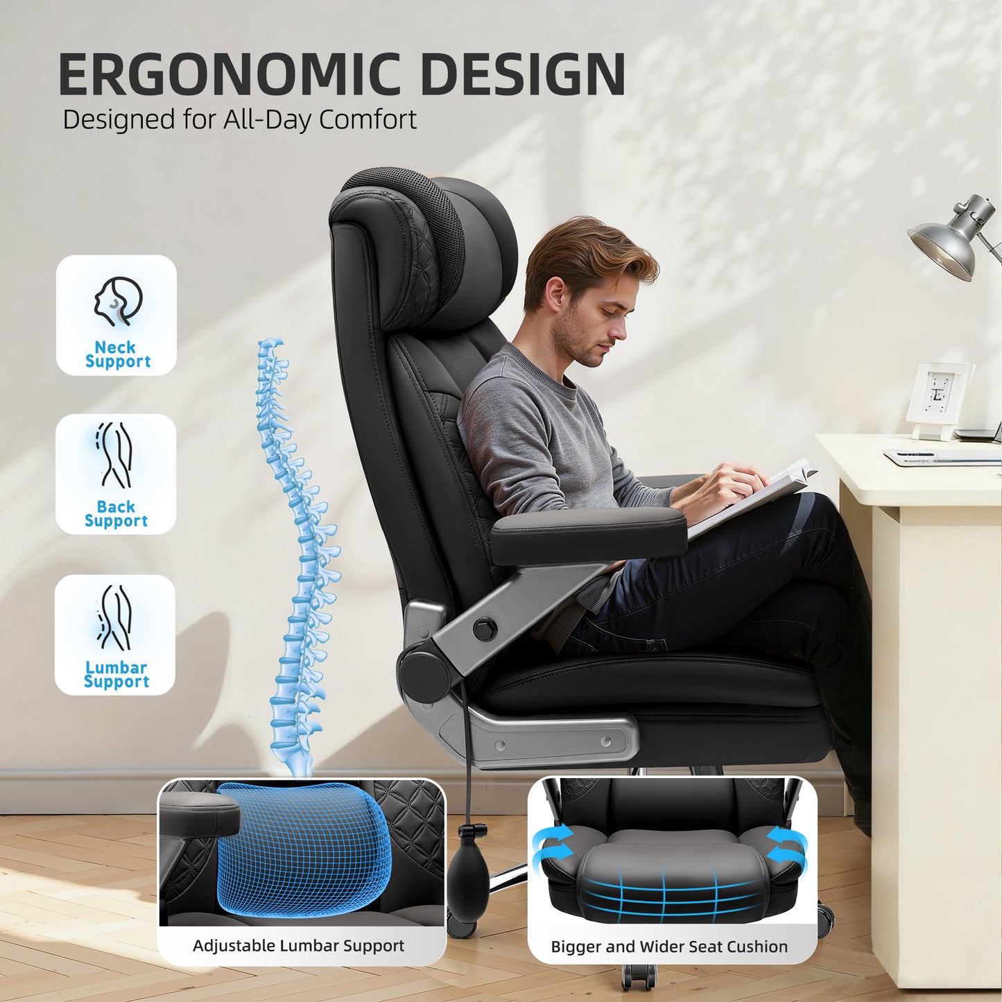 Model 310 Big and Tall Office Chair, Desk Computer Chair for Heavy People, Oversized Executive Gaming Chair, Extra Wide 500LBS Ergonomic Comfy Office Chair with Adjustable Lumbar Support & 5D Flip Arms