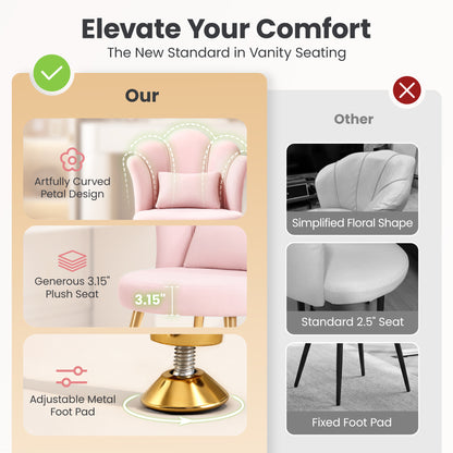 Model 1021 Petal Makeup Vanity Chair with Back, Flower Chair Comfy No Wheels for Girls Women, Makeup Chair with Golden Metal Legs & Lumbar Pillow for Living Room/Makeup Room/Bedroom/Home Office