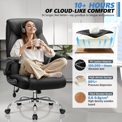 Model 5201 Office Chair, Big and Tall Ergonomic Desk Chair, Executive Leather Computer Chair with Adjustable Lumbar Support, Comfy Gaming Chair with Flip Up Arms, Swivel PC Chair with Rocking Function