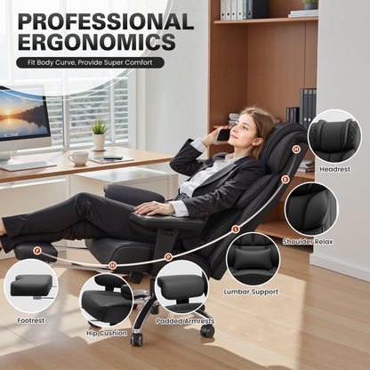 Model 309 Office Desk Chair, Big and Tall Leather Gaming Chair with Footrest, Wide Ergonomic Comfy Executive High-Back Reclining Computer Chairs, Swivel Rolling Wheels and Padded Lumbar Support