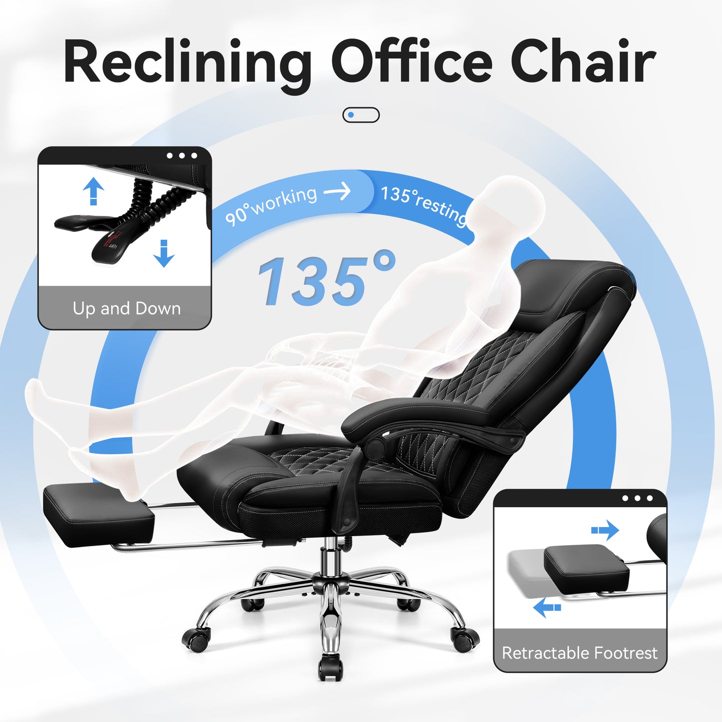 Office Chair, Executive Leather Chair High Back, Ergonomic Computer Desk Chair Lumbar Support, Big and Tall Office Chair with Footrest, Comfy Reclining Chair for Home Office