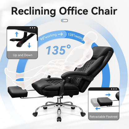 Office Chair, Executive Leather Chair High Back, Ergonomic Computer Desk Chair Lumbar Support, Big and Tall Office Chair with Footrest, Comfy Reclining Chair for Home Office