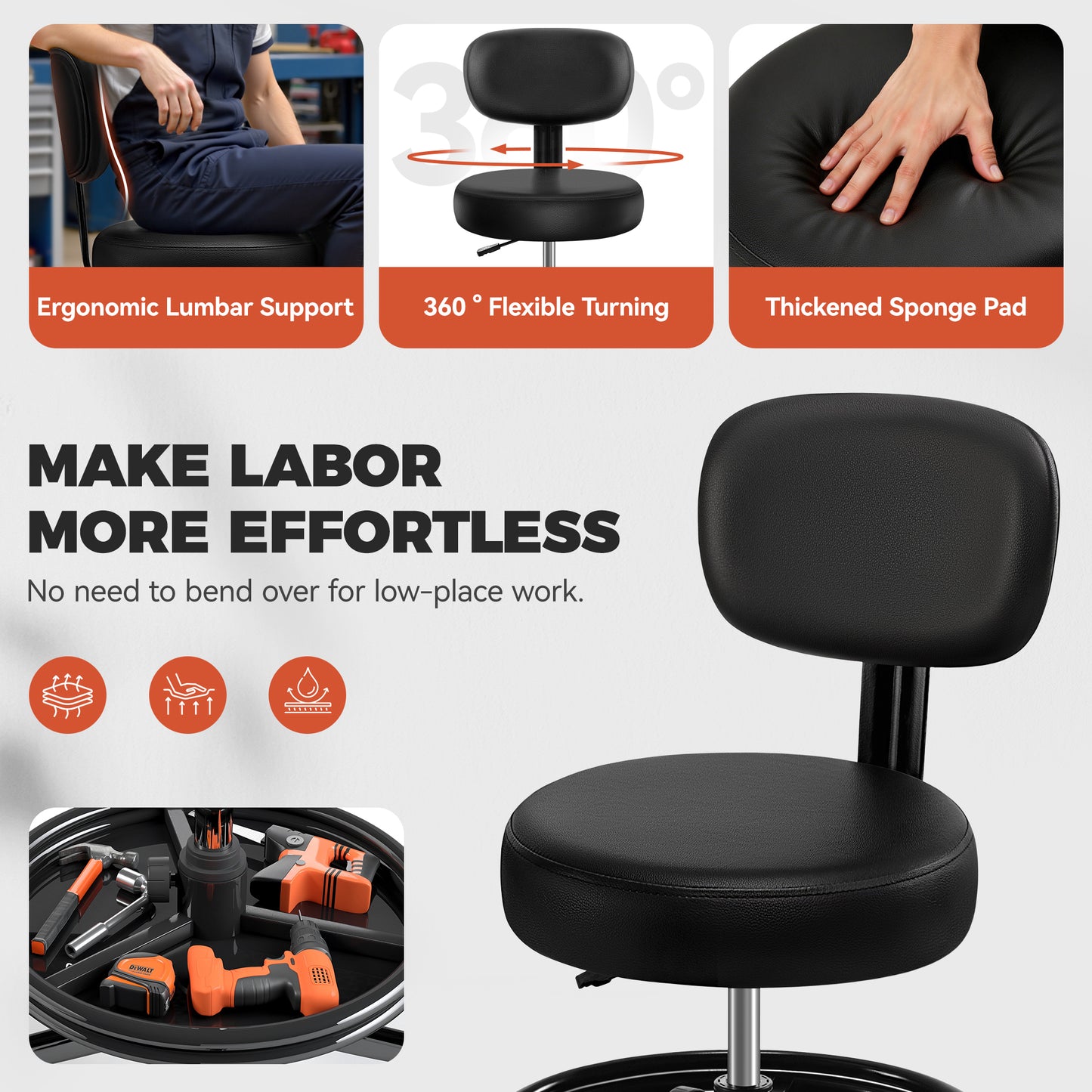 Model TC001 Shop Stool with Wheels for Garage, Mechanics Rolling Chair with Backrest, Adjustable Height Heavy Duty Garage Stool with Footrest and Storage Tray, Swivel Task Chair for Workshop Kitchen Salon
