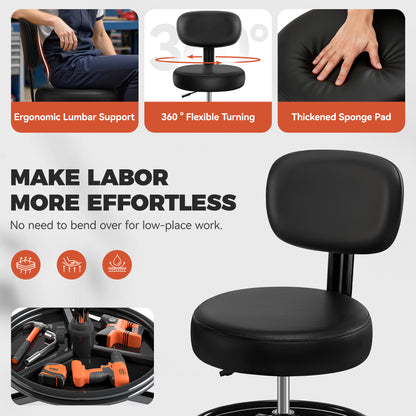 Model TC001 Shop Stool with Wheels for Garage, Mechanics Rolling Chair with Backrest, Adjustable Height Heavy Duty Garage Stool with Footrest and Storage Tray, Swivel Task Chair for Workshop Kitchen Salon