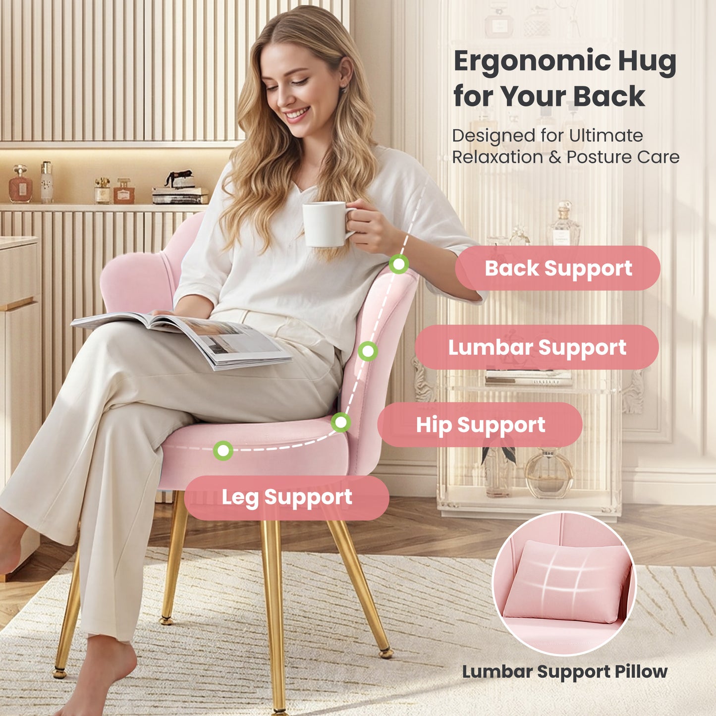 Model 1021 Petal Makeup Vanity Chair with Back, Flower Chair Comfy No Wheels for Girls Women, Makeup Chair with Golden Metal Legs & Lumbar Pillow for Living Room/Makeup Room/Bedroom/Home Office