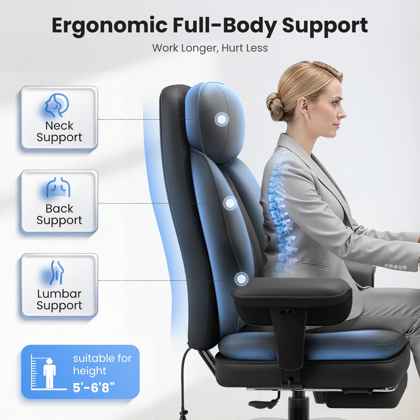 Model 3602 Office Chair 400lbs with Inflatable Lumbar, Ergonomic Double-Layer Cushion & Footrest, Relieve Back Pain, Big and Tall Computer Desk Chair for Home Office Gaming, Scratch-Resistant Leather