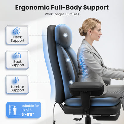 Model 3602 Office Chair 400lbs with Inflatable Lumbar, Ergonomic Double-Layer Cushion & Footrest, Relieve Back Pain, Big and Tall Computer Desk Chair for Home Office Gaming, Scratch-Resistant Leather