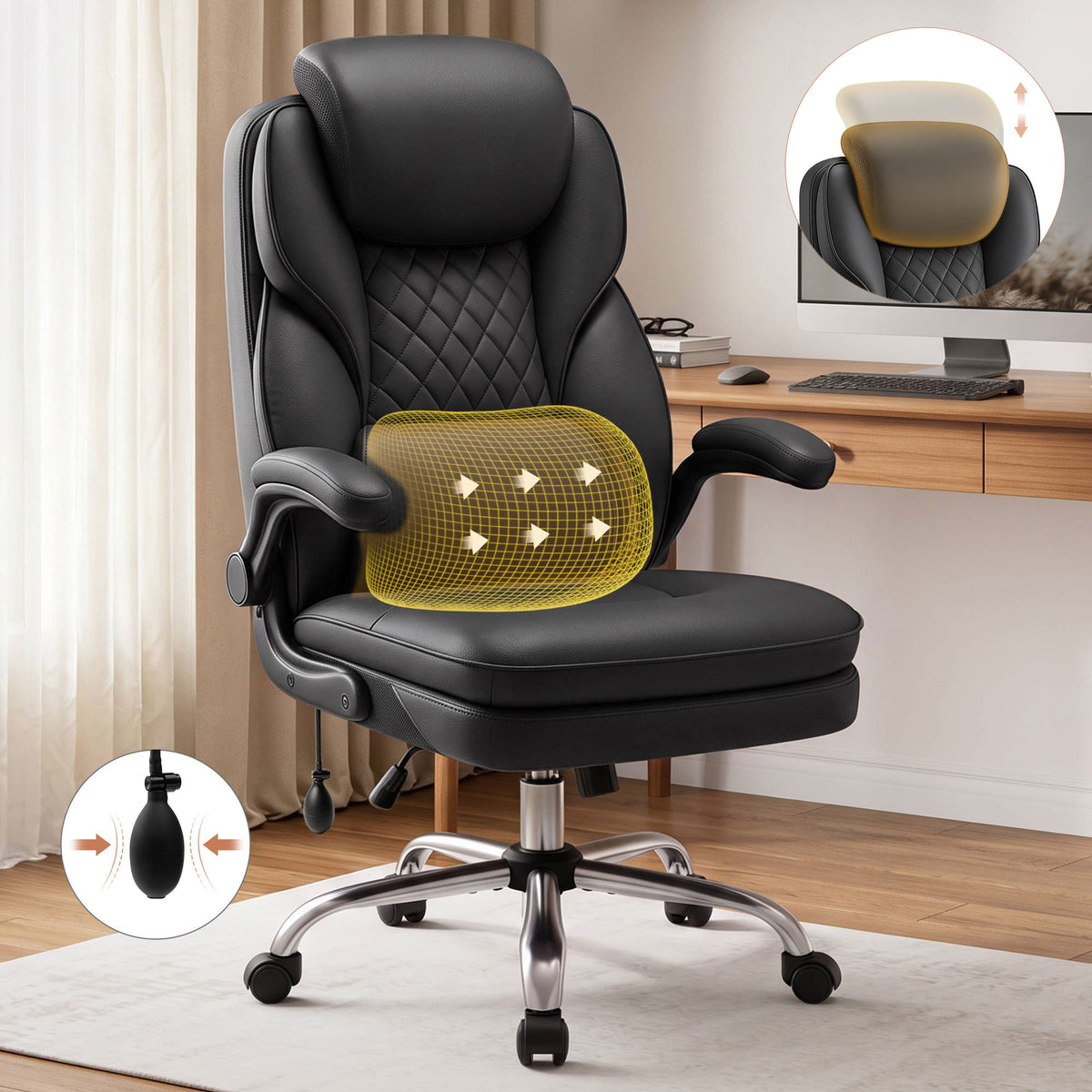 BestGlory Ergonomic Office Chair with Adjustable Lumbar Support & Headrest, Executive Computer Desk Chair with Double Seat Cushion, Big and Tall Gaming Chair for Lower Back Pain Relief