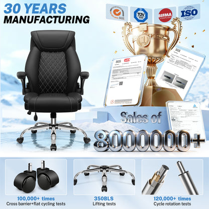 Model 5201 Office Chair, Big and Tall Ergonomic Desk Chair, Executive Leather Computer Chair with Adjustable Lumbar Support, Comfy Gaming Chair with Flip Up Arms, Swivel PC Chair with Rocking Function