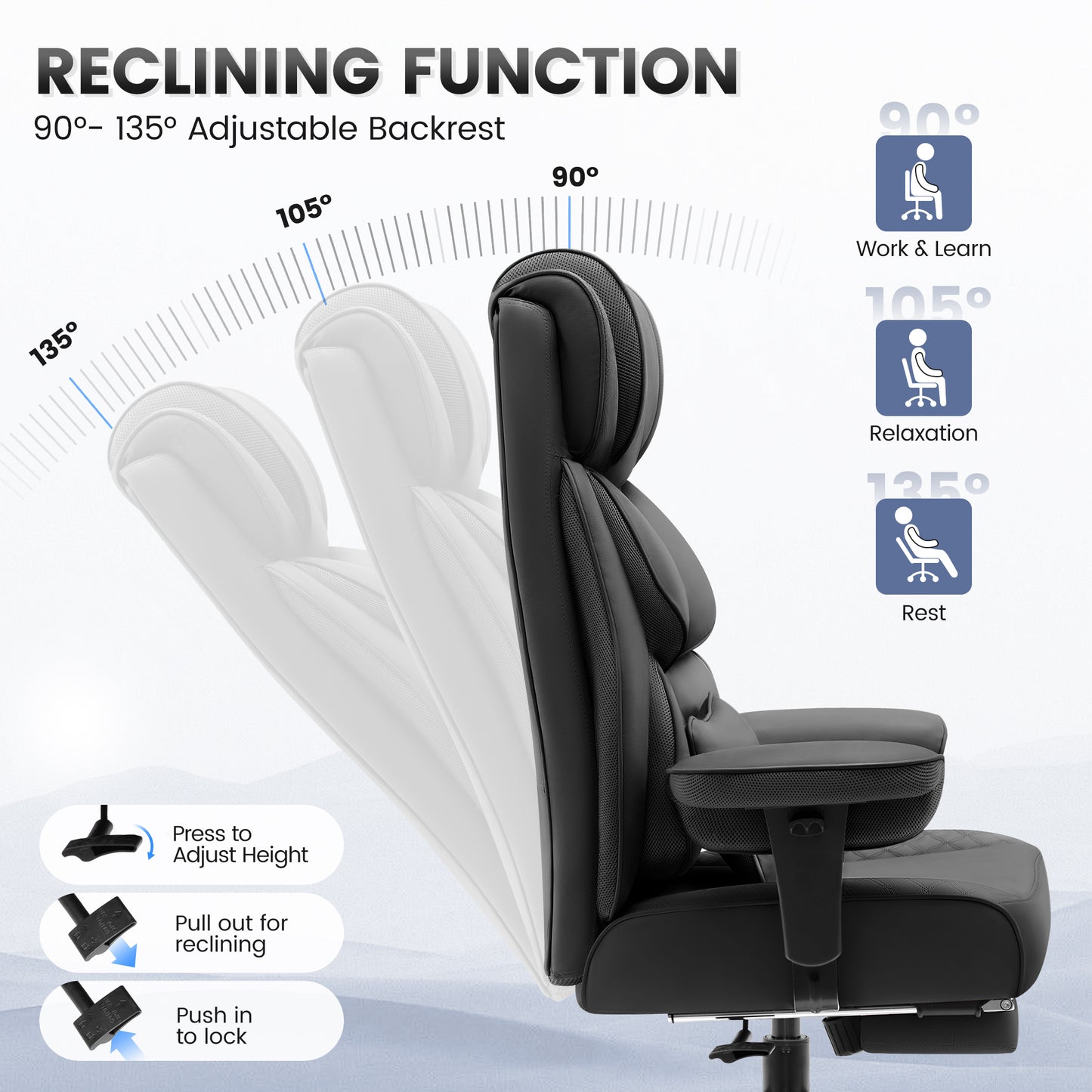 Model 309 Office Desk Chair, Big and Tall Leather Gaming Chair with Footrest, Wide Ergonomic Comfy Executive High-Back Reclining Computer Chairs, Swivel Rolling Wheels and Padded Lumbar Support