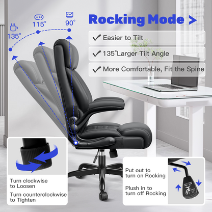 Model 488 High Back Executive Office Chair - Ergonomic Computer Desk with Rocking Function, Leather Managerial with Adjustable Flip-Up Armrests and Lumbar Support