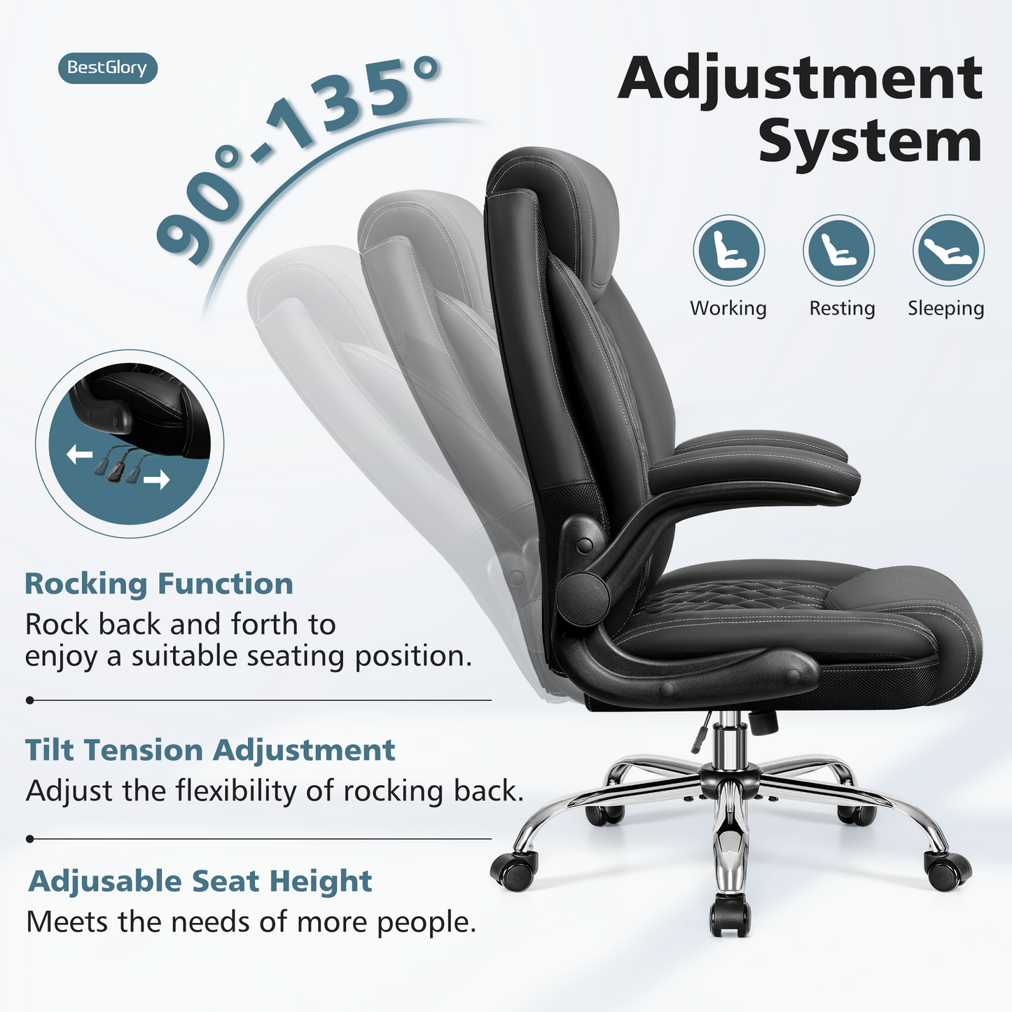 Model 5200 Office Chair, Ergonomic High Back Home Office Desk Chair, Big and Tall Breathable Leather Office Chair with Lumbar Support Flip-Up Armrests, Computer Gaming Chair with Rocking Function