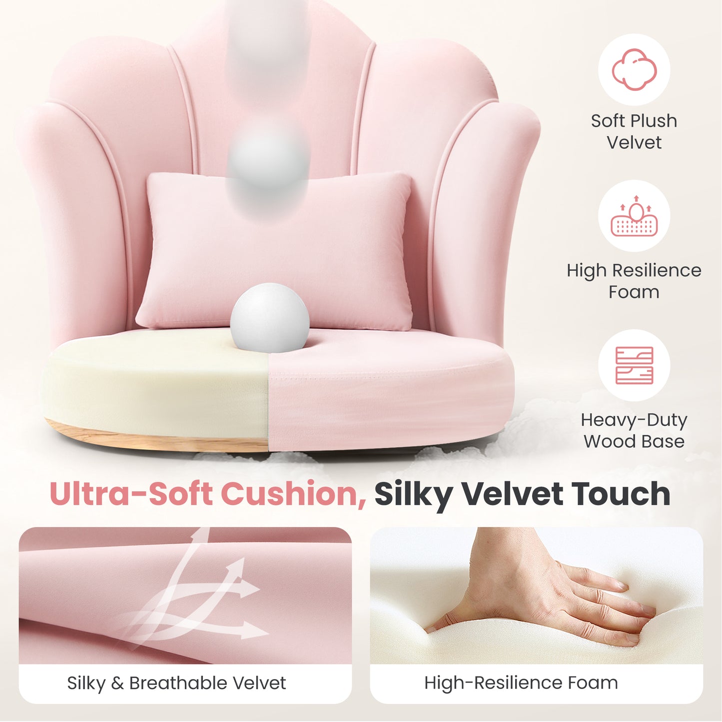 Model 1021 Petal Makeup Vanity Chair with Back, Flower Chair Comfy No Wheels for Girls Women, Makeup Chair with Golden Metal Legs & Lumbar Pillow for Living Room/Makeup Room/Bedroom/Home Office