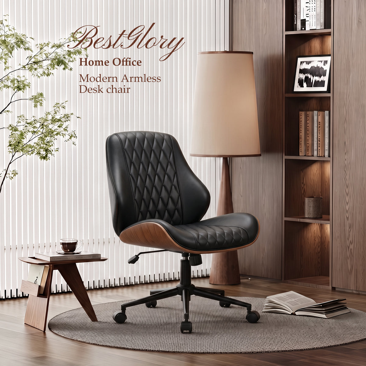 BestGlory Modern Faux Leather Office Chair, Armless Desk Chair, Home Office Diamond Stitching, Rocking, Walnut Accents, Adjustable Height, 360° Swivel, Rolling, 300 lbs Capacity, Computer Chair