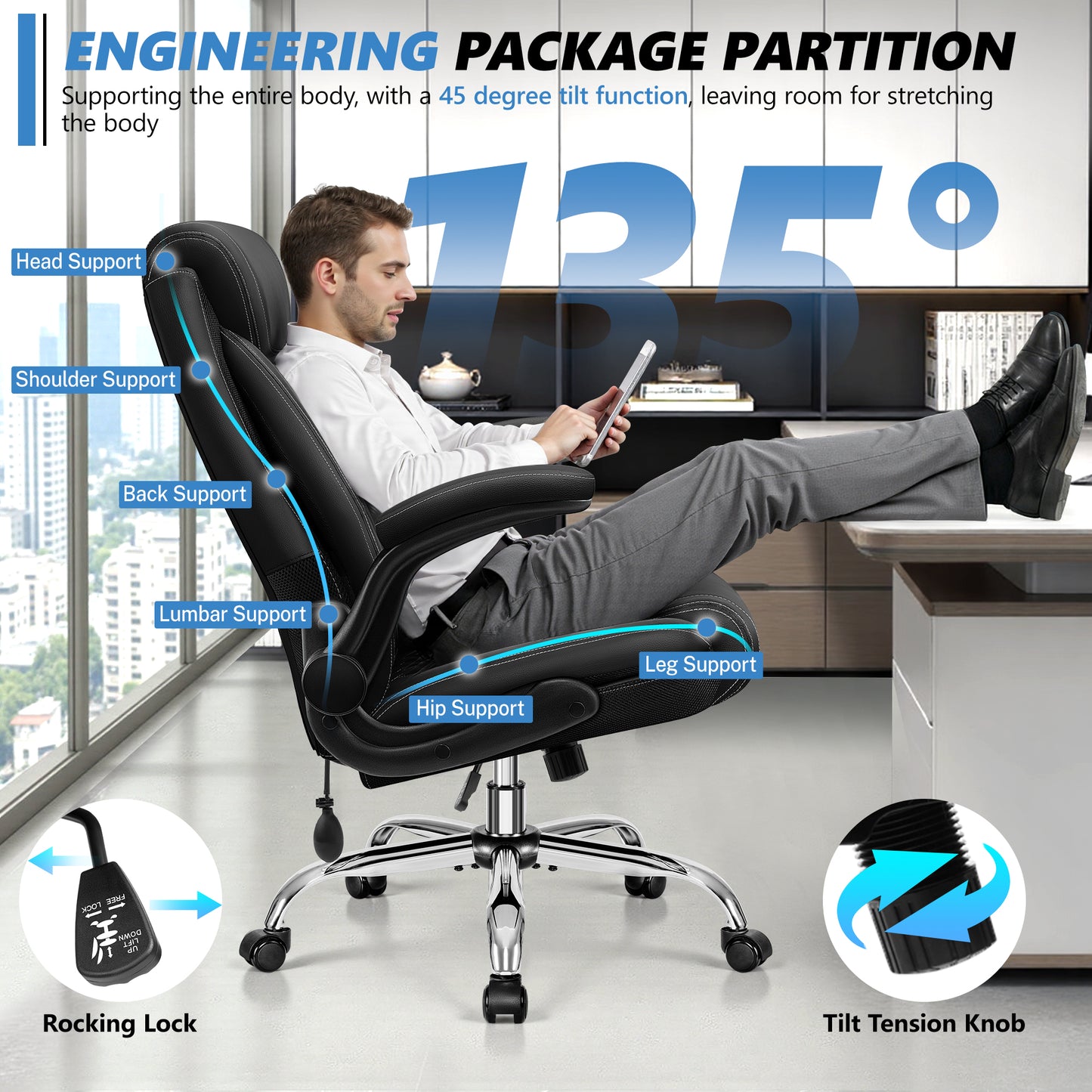 Model 5201 Office Chair, Big and Tall Ergonomic Desk Chair, Executive Leather Computer Chair with Adjustable Lumbar Support, Comfy Gaming Chair with Flip Up Arms, Swivel PC Chair with Rocking Function