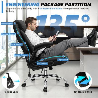 Model 5201 Office Chair, Big and Tall Ergonomic Desk Chair, Executive Leather Computer Chair with Adjustable Lumbar Support, Comfy Gaming Chair with Flip Up Arms, Swivel PC Chair with Rocking Function