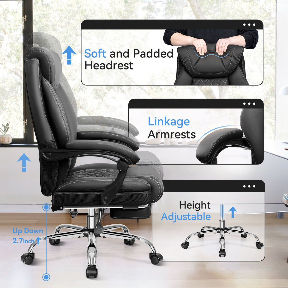 Office Chair, Executive Leather Chair High Back, Ergonomic Computer Desk Chair Lumbar Support, Big and Tall Office Chair with Footrest, Comfy Reclining Chair for Home Office