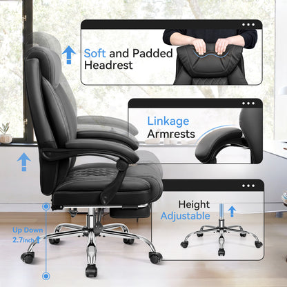 Office Chair, Executive Leather Chair High Back, Ergonomic Computer Desk Chair Lumbar Support, Big and Tall Office Chair with Footrest, Comfy Reclining Chair for Home Office