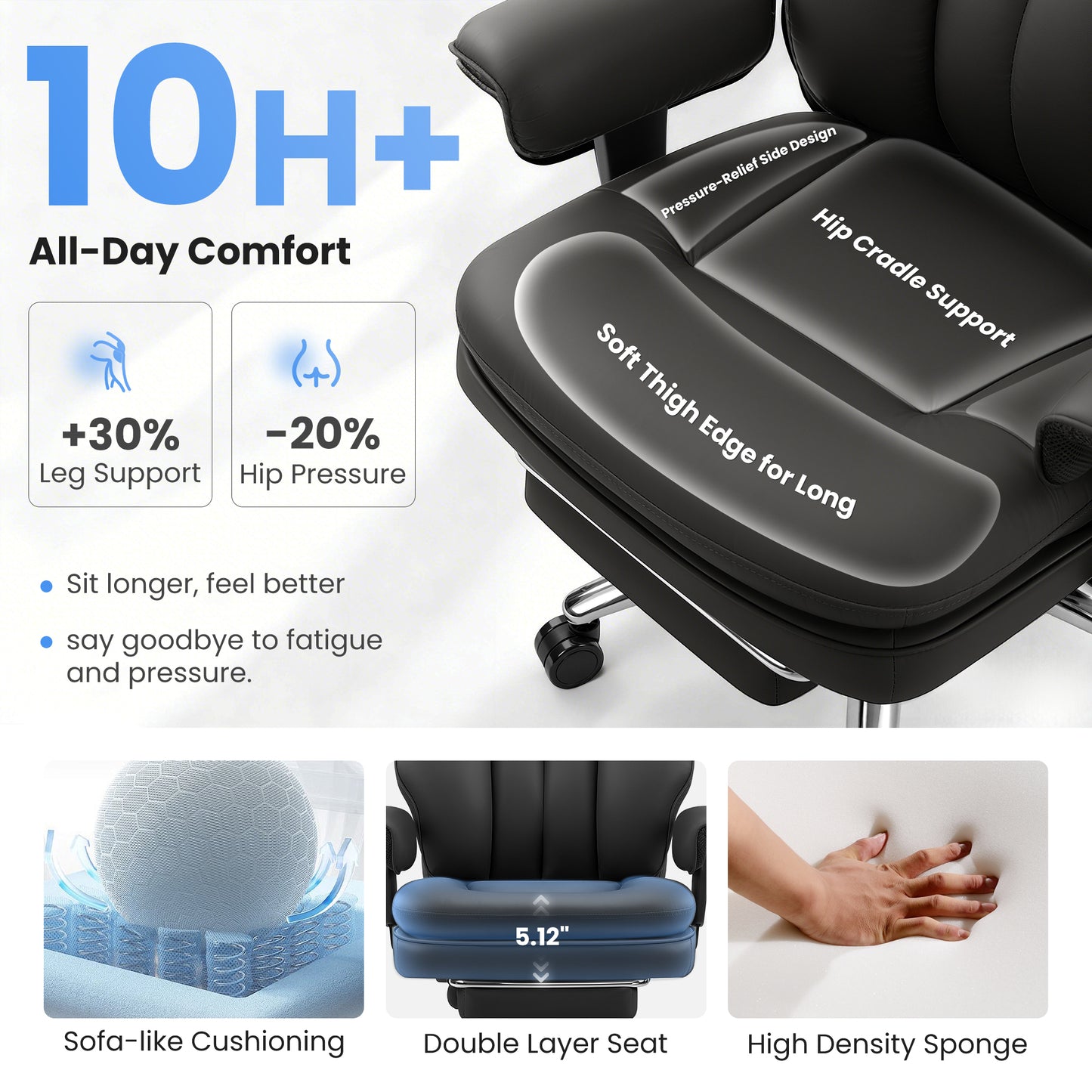Model 3602 Office Chair 400lbs with Inflatable Lumbar, Ergonomic Double-Layer Cushion & Footrest, Relieve Back Pain, Big and Tall Computer Desk Chair for Home Office Gaming, Scratch-Resistant Leather