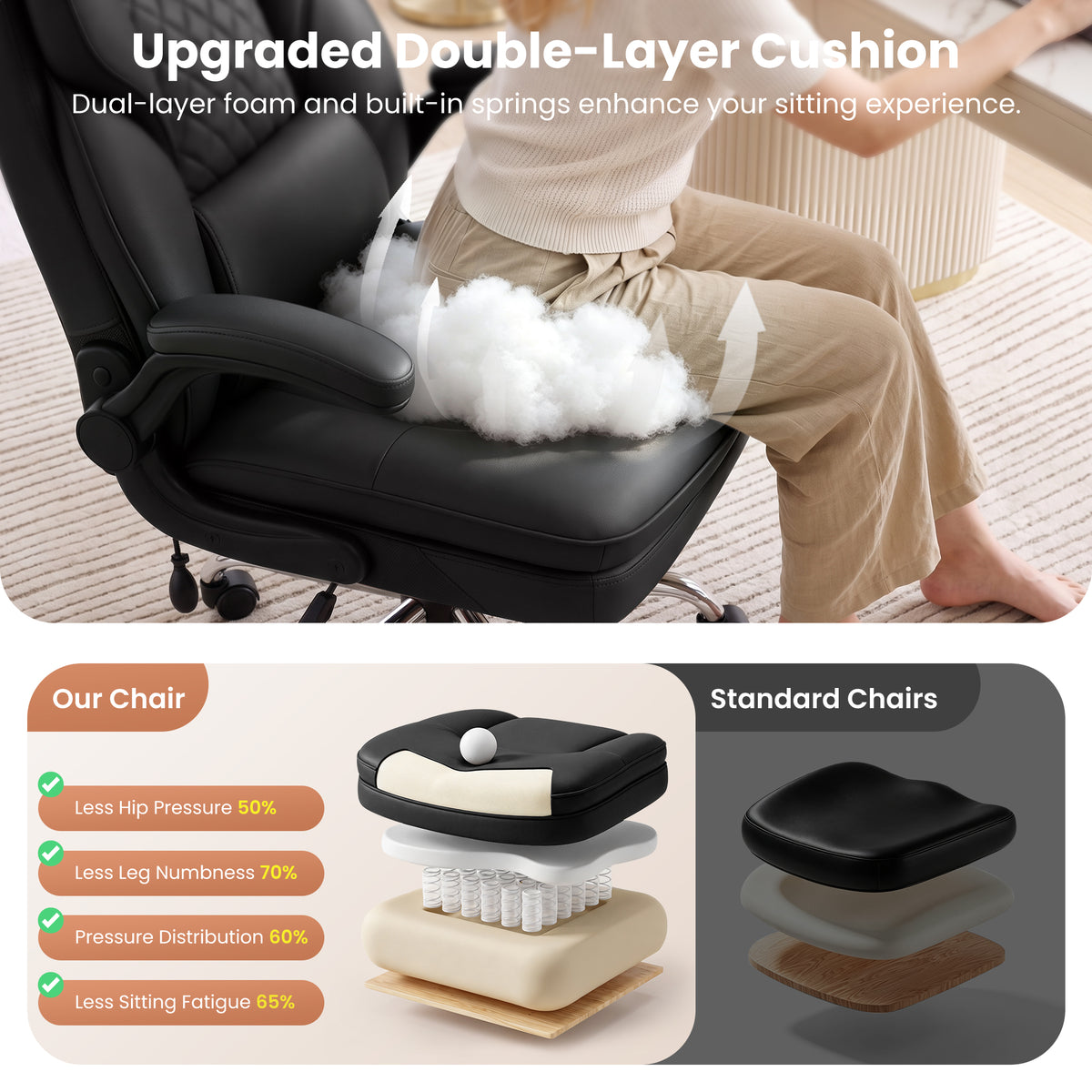 BestGlory Ergonomic Office Chair with Adjustable Lumbar Support & Headrest, Executive Computer Desk Chair with Double Seat Cushion, Big and Tall Gaming Chair for Lower Back Pain Relief