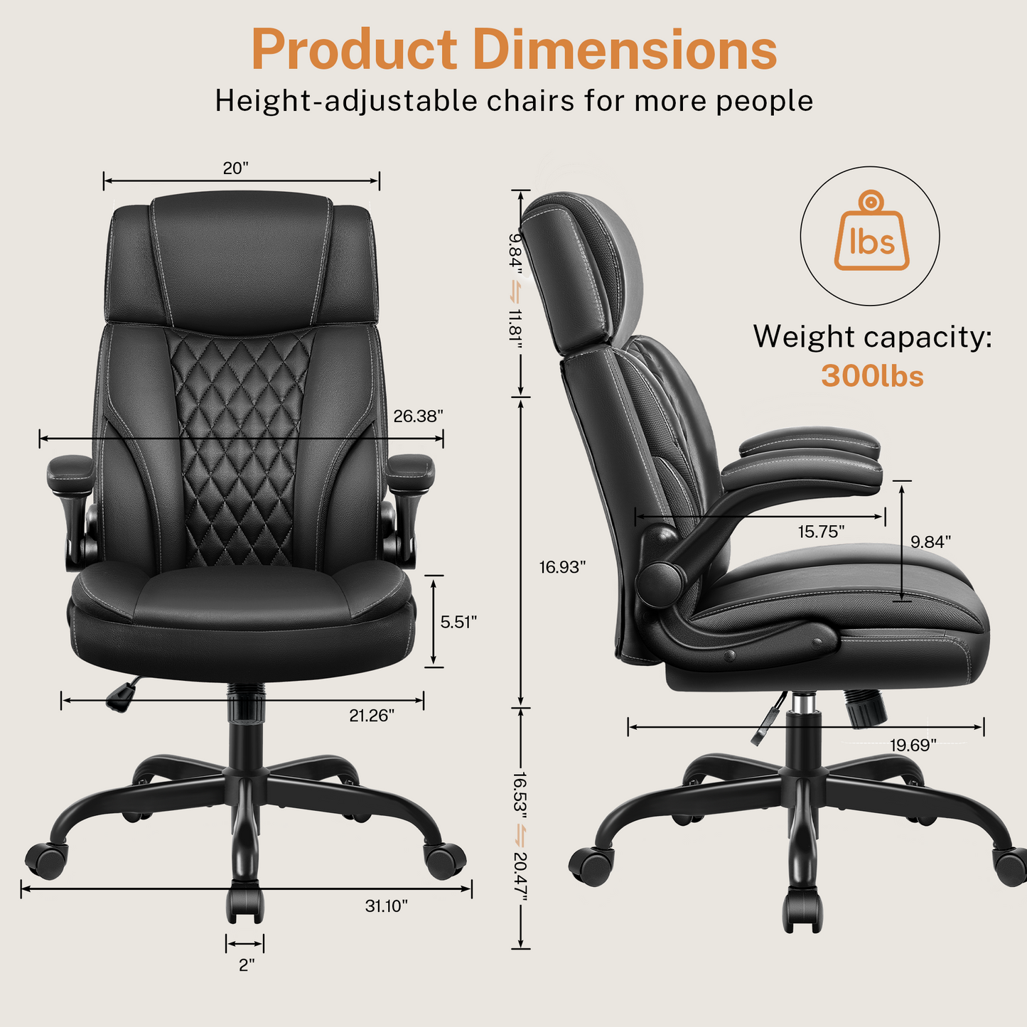 Model 688 Office Chair Flip Up Arms, Executive Leather Office Chair Ergonomic Desk Chair with Lumbar Support, Adjustable Headrest, Computer Chair Home Office Desk Chair with Rocking Function