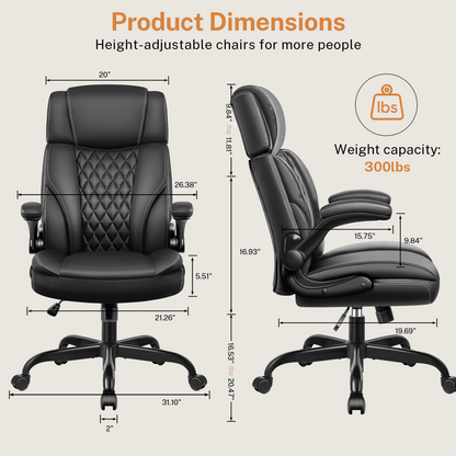 Model 688 Office Chair Flip Up Arms, Executive Leather Office Chair Ergonomic Desk Chair with Lumbar Support, Adjustable Headrest, Computer Chair Home Office Desk Chair with Rocking Function