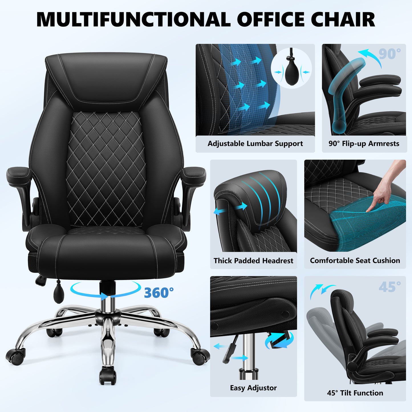 Model 5201 Office Chair, Big and Tall Ergonomic Desk Chair, Executive Leather Computer Chair with Adjustable Lumbar Support, Comfy Gaming Chair with Flip Up Arms, Swivel PC Chair with Rocking Function