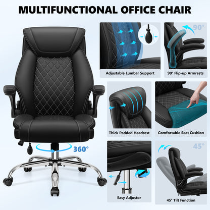 Model 5201 Office Chair, Big and Tall Ergonomic Desk Chair, Executive Leather Computer Chair with Adjustable Lumbar Support, Comfy Gaming Chair with Flip Up Arms, Swivel PC Chair with Rocking Function