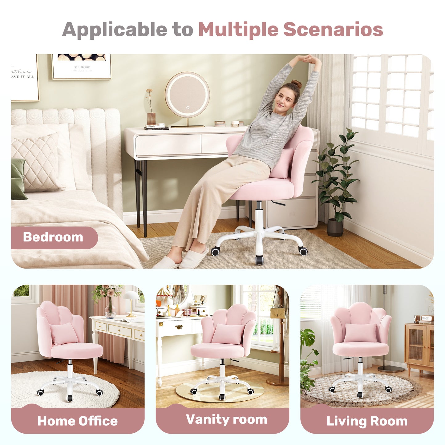 Model 1020 Petal Vanity Chair with Wheels, 3.15" Extra Thick Comfy Makeup Chair, Adjustable Modern Swivel Armless Desk Chair for Girls Women, Aesthetic Small Office Chair for Bedroom Dorm