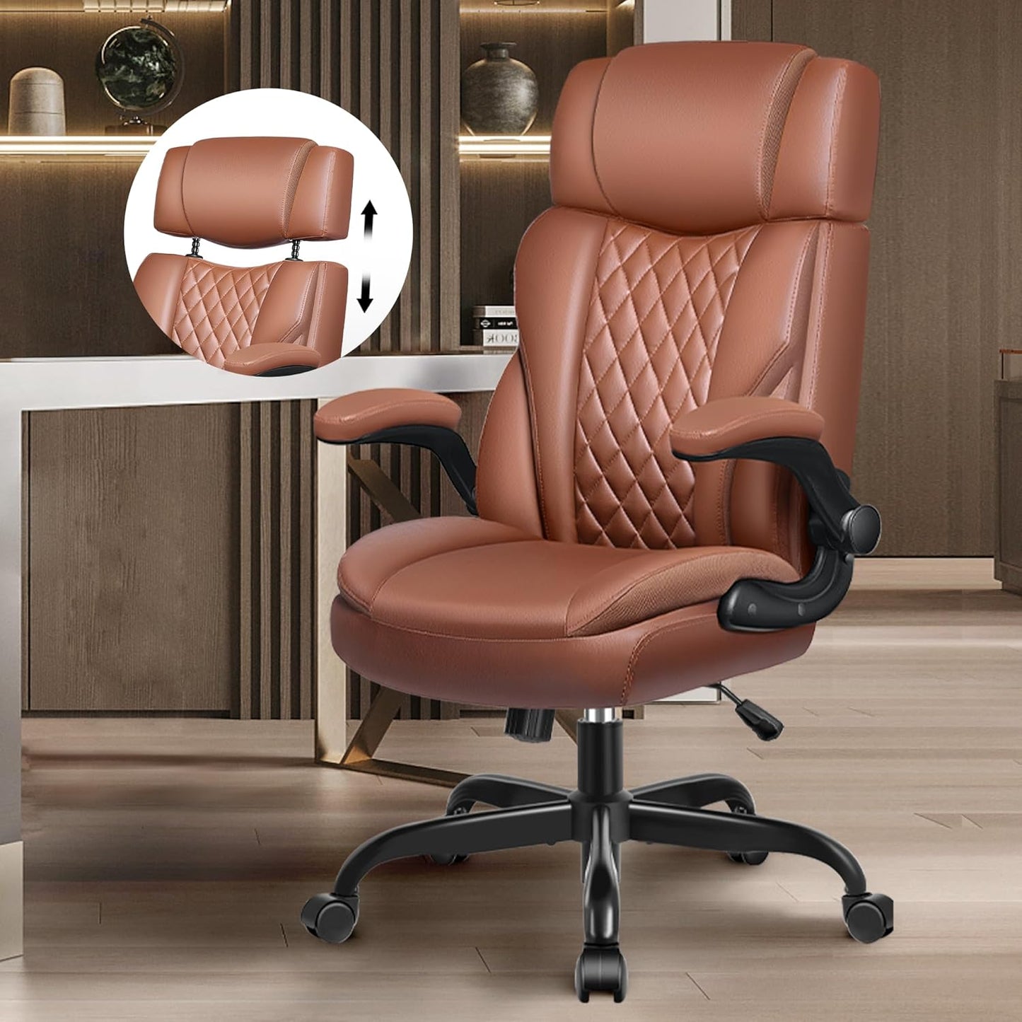 Model 688 Office Chair Flip Up Arms, Executive Leather Office Chair Ergonomic Desk Chair with Lumbar Support, Adjustable Headrest, Computer Chair Home Office Desk Chair with Rocking Function