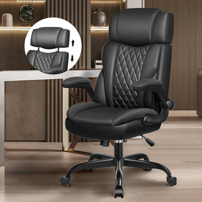 Model 688 Office Chair Flip Up Arms, Executive Leather Office Chair Ergonomic Desk Chair with Lumbar Support, Adjustable Headrest, Computer Chair Home Office Desk Chair with Rocking Function