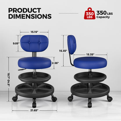 Rolling Shop Stool with Wheels, Adjustable Height Heavy Duty Garage Stool with Double Storage Tray, Garage Mechanic Stool Chair with Backrest for Workshop Kitchen Salon, Blue