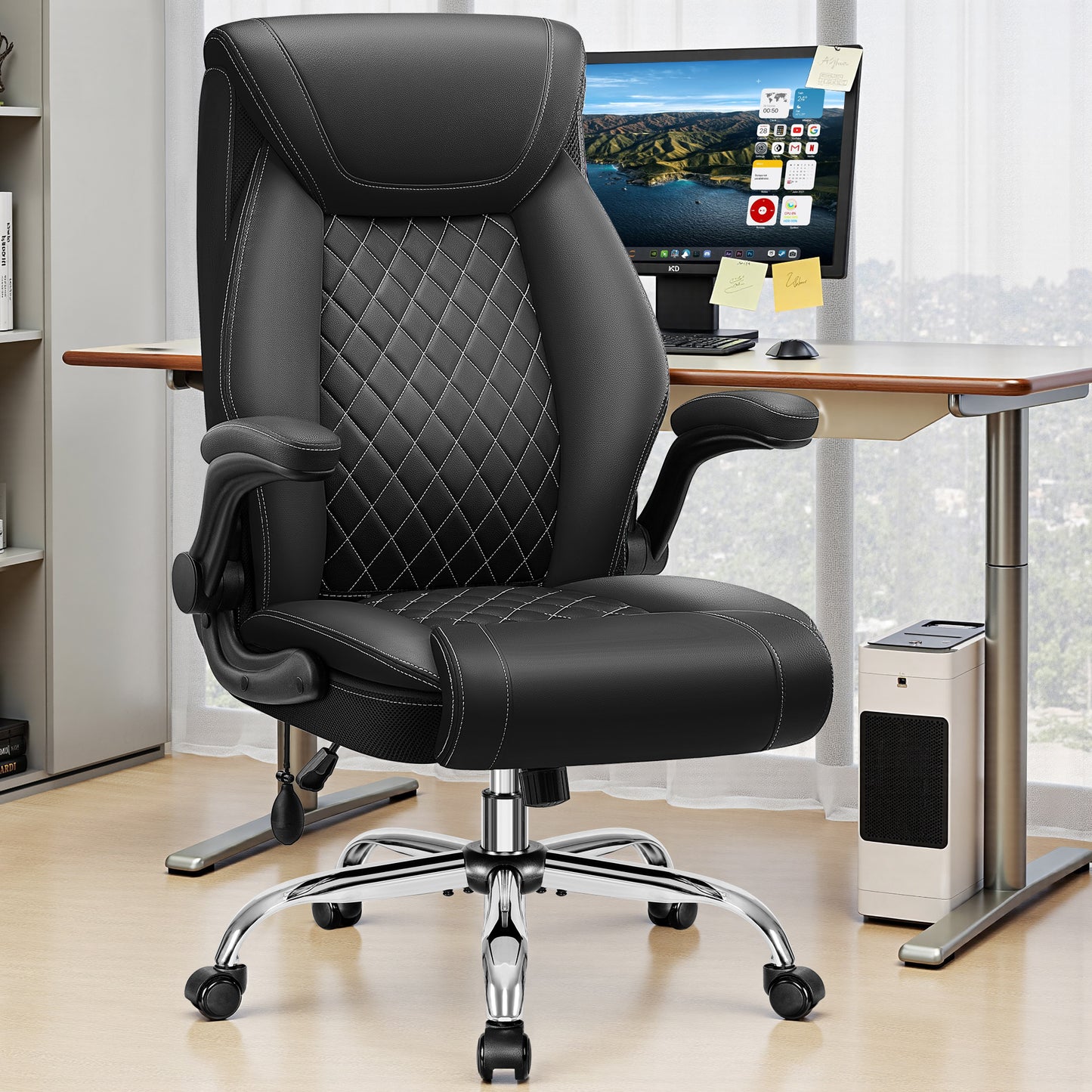 Model 5201 Office Chair, Big and Tall Ergonomic Desk Chair, Executive Leather Computer Chair with Adjustable Lumbar Support, Comfy Gaming Chair with Flip Up Arms, Swivel PC Chair with Rocking Function