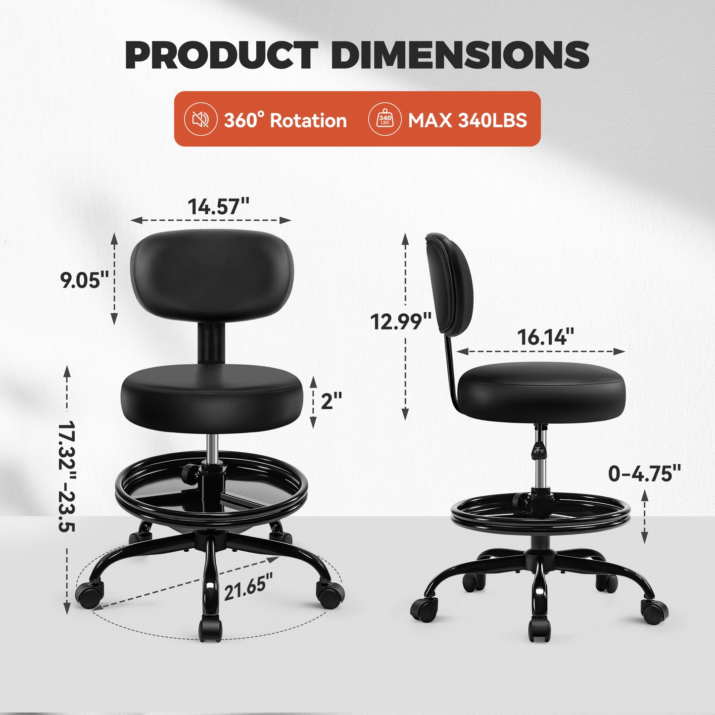 Model TC001 Shop Stool with Wheels for Garage, Mechanics Rolling Chair with Backrest, Adjustable Height Heavy Duty Garage Stool with Footrest and Storage Tray, Swivel Task Chair for Workshop Kitchen Salon