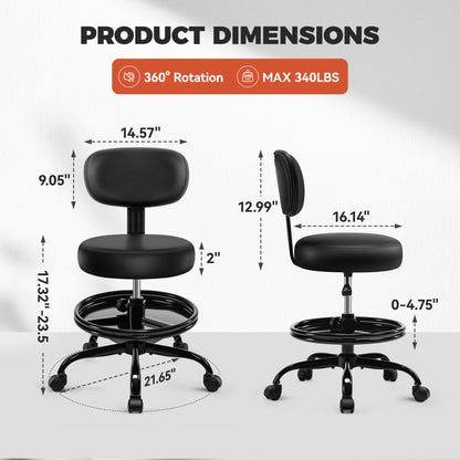 Model TC001 Shop Stool with Wheels for Garage, Mechanics Rolling Chair with Backrest, Adjustable Height Heavy Duty Garage Stool with Footrest and Storage Tray, Swivel Task Chair for Workshop Kitchen Salon