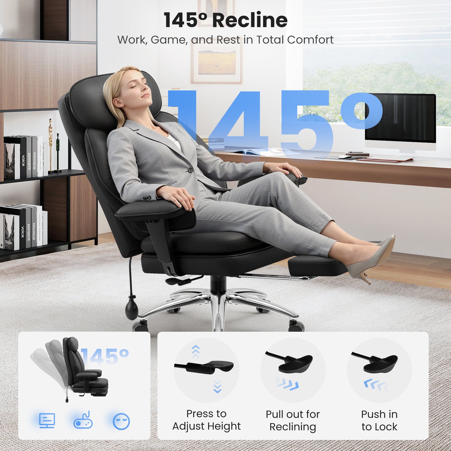 Model 3602 Office Chair 400lbs with Inflatable Lumbar, Ergonomic Double-Layer Cushion & Footrest, Relieve Back Pain, Big and Tall Computer Desk Chair for Home Office Gaming, Scratch-Resistant Leather