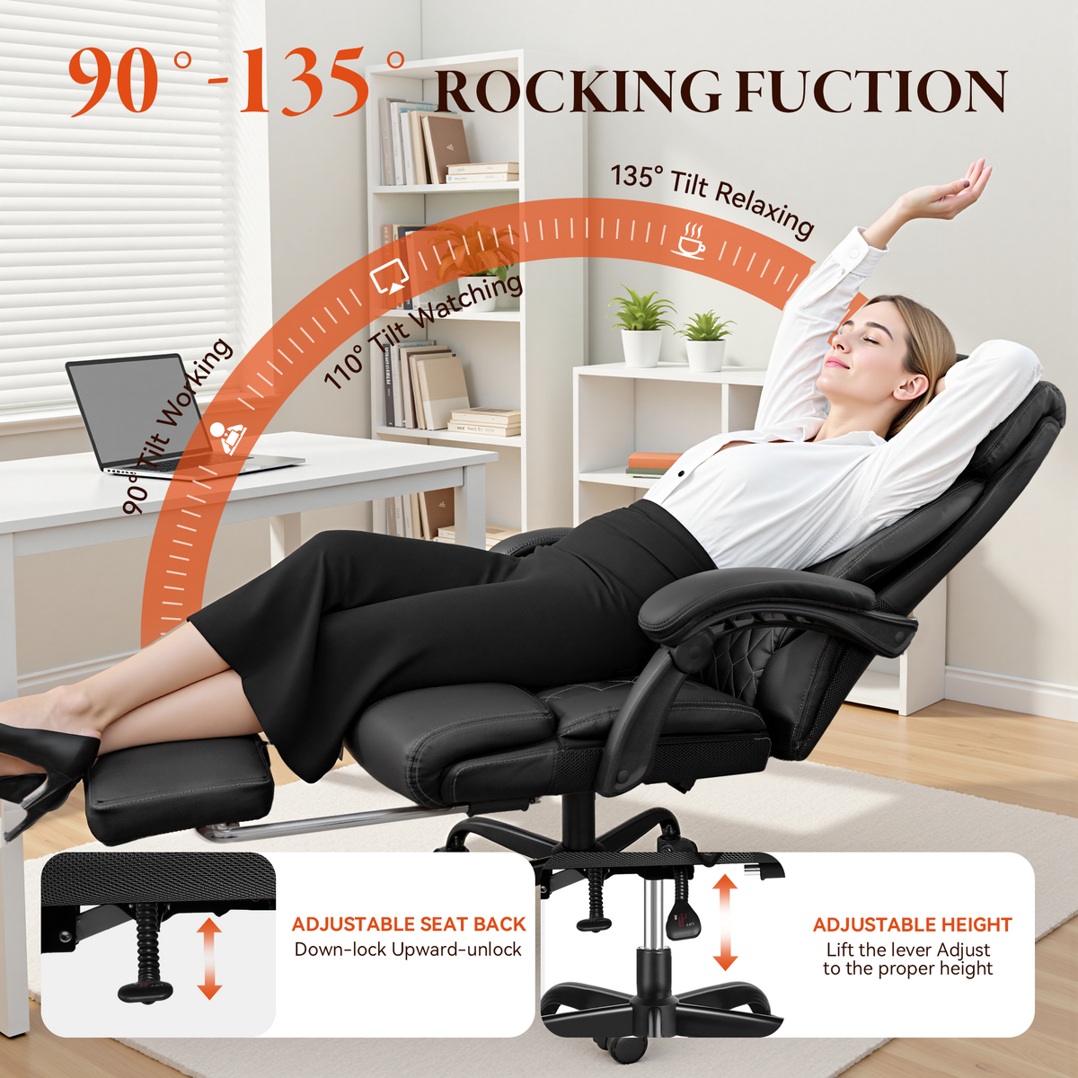 Big and Tall Office Chair with Footrest - Ergonomic High Back Leather Executive Computer Chair | Reclining Home Office Desk Chair with Lumbar Support