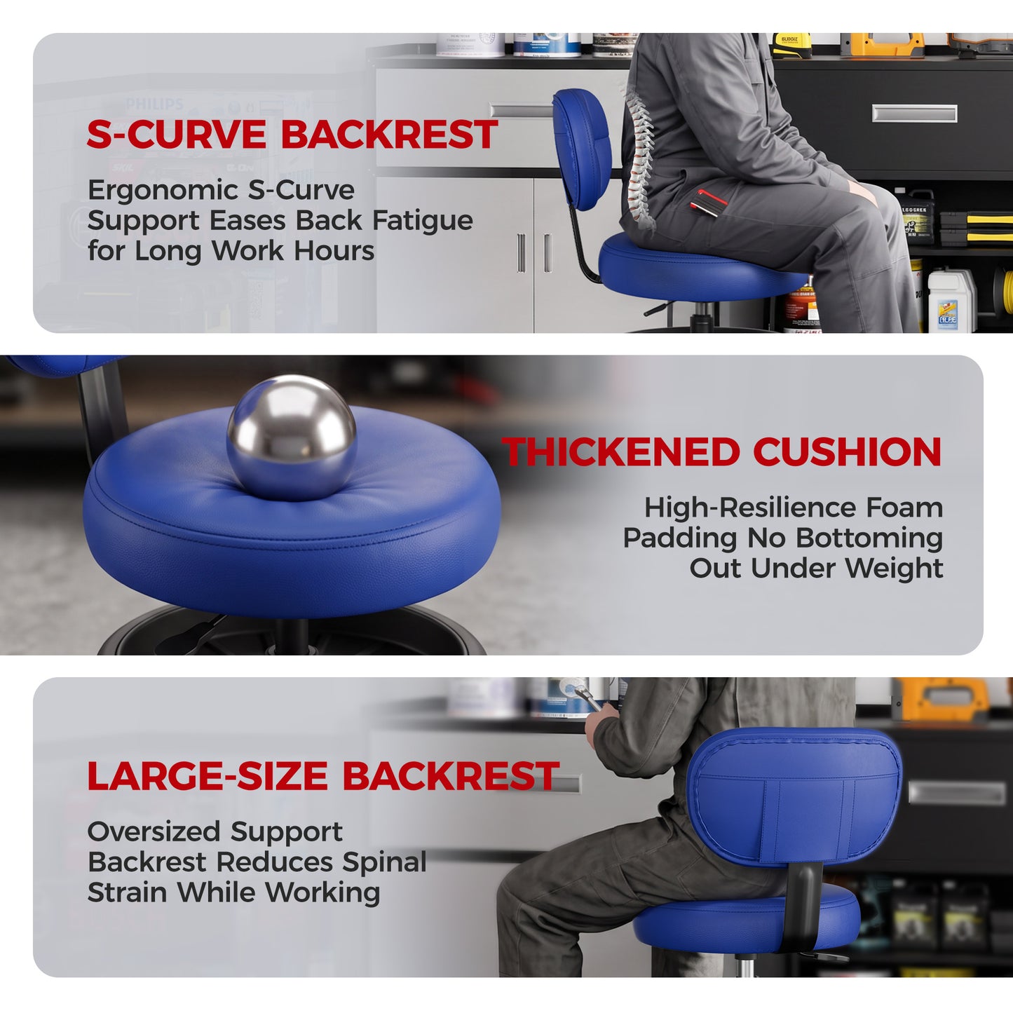 Rolling Shop Stool with Wheels, Adjustable Height Heavy Duty Garage Stool with Double Storage Tray, Garage Mechanic Stool Chair with Backrest for Workshop Kitchen Salon, Blue