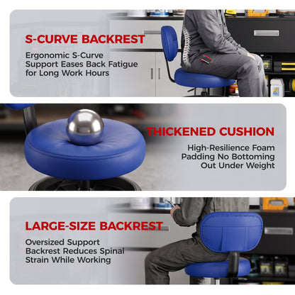 Rolling Shop Stool with Wheels, Adjustable Height Heavy Duty Garage Stool with Double Storage Tray, Garage Mechanic Stool Chair with Backrest for Workshop Kitchen Salon, Blue