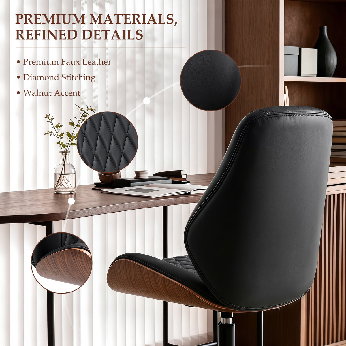BestGlory Modern Faux Leather Office Chair, Armless Desk Chair, Home Office Diamond Stitching, Rocking, Walnut Accents, Adjustable Height, 360° Swivel, Rolling, 300 lbs Capacity, Computer Chair