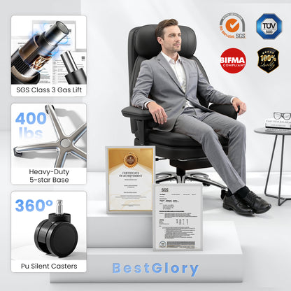 Model 3602 Office Chair 400lbs with Inflatable Lumbar, Ergonomic Double-Layer Cushion & Footrest, Relieve Back Pain, Big and Tall Computer Desk Chair for Home Office Gaming, Scratch-Resistant Leather