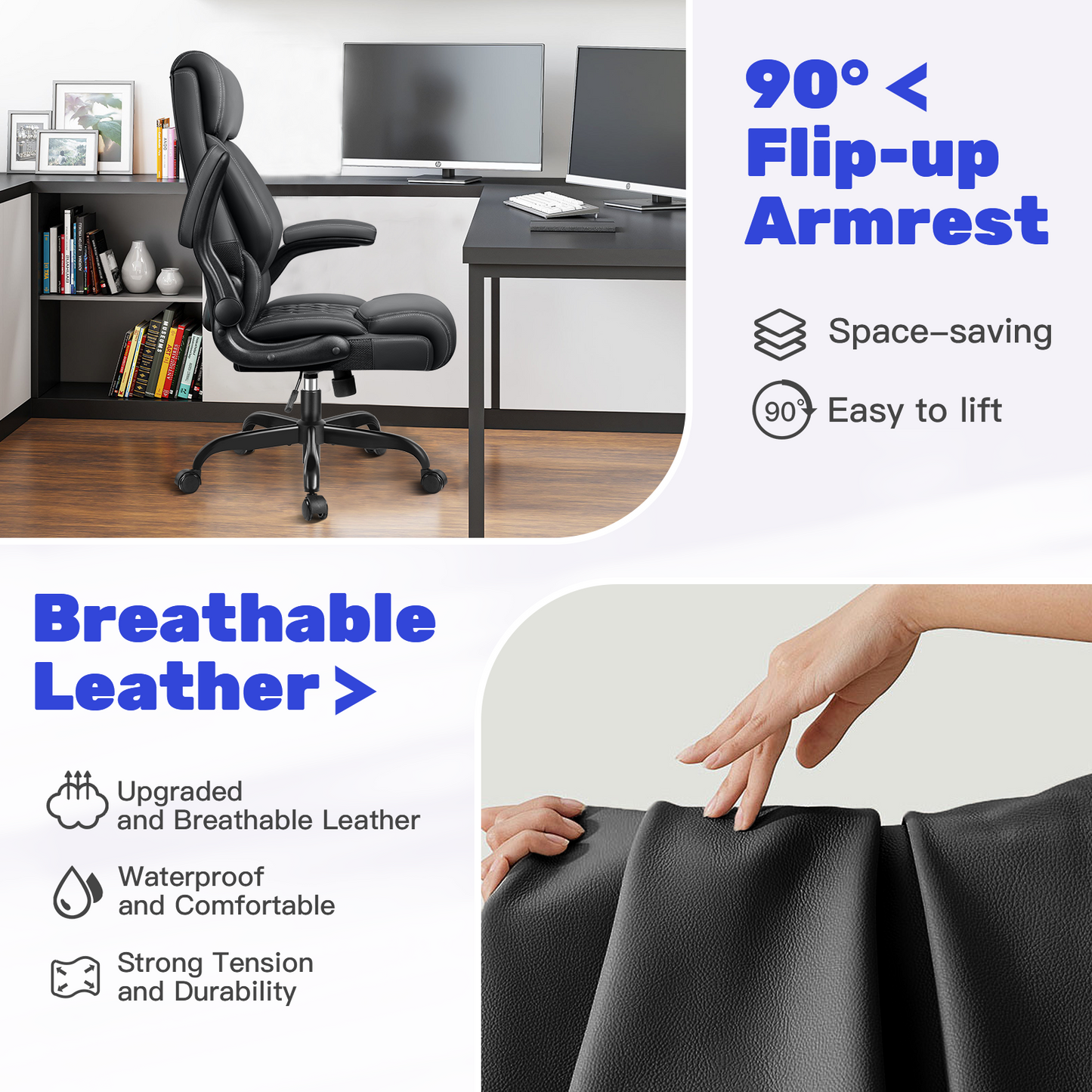 Model 488 High Back Executive Office Chair - Ergonomic Computer Desk with Rocking Function, Leather Managerial with Adjustable Flip-Up Armrests and Lumbar Support