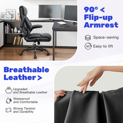 Model 488 High Back Executive Office Chair - Ergonomic Computer Desk with Rocking Function, Leather Managerial with Adjustable Flip-Up Armrests and Lumbar Support