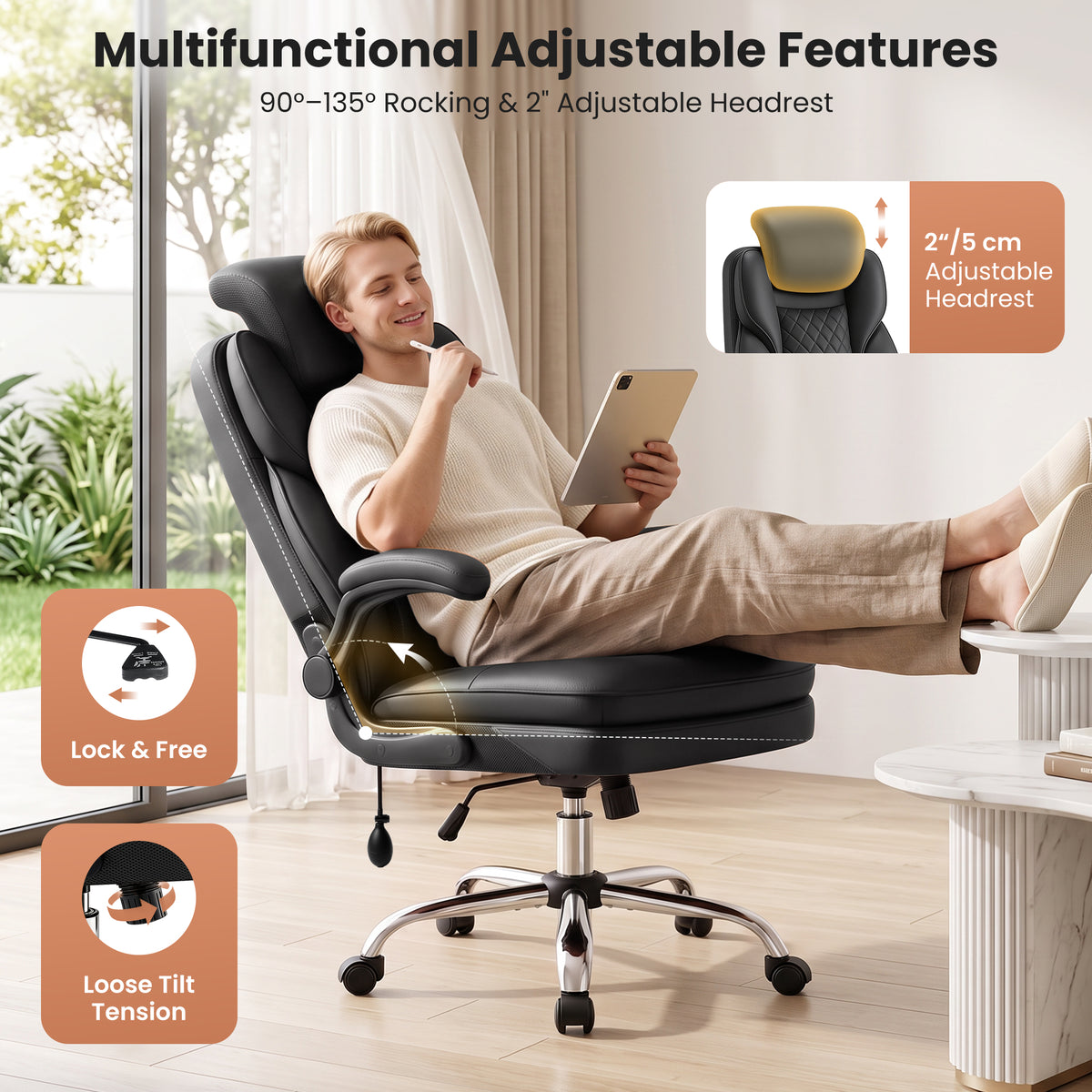 BestGlory Ergonomic Office Chair with Adjustable Lumbar Support & Headrest, Executive Computer Desk Chair with Double Seat Cushion, Big and Tall Gaming Chair for Lower Back Pain Relief