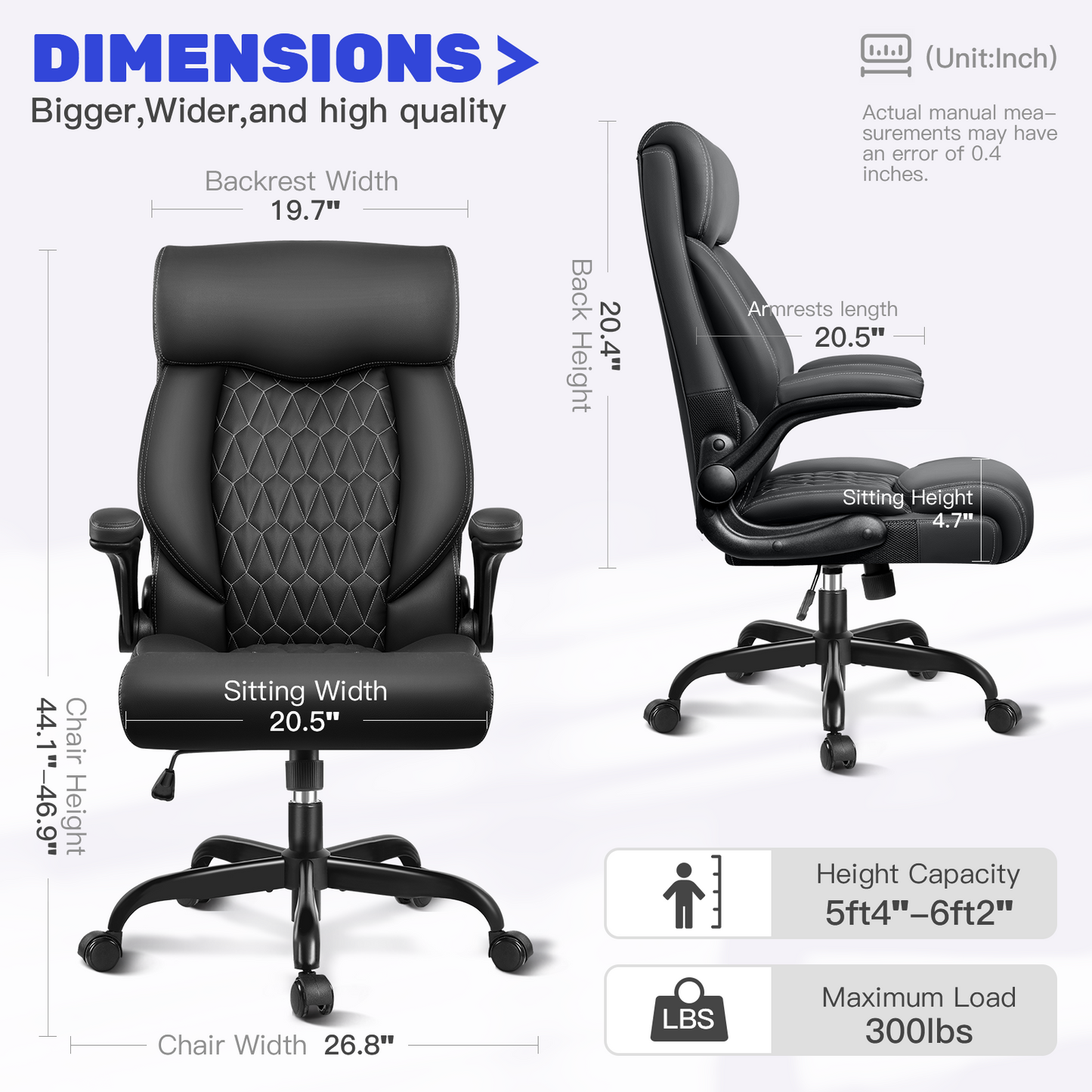 Model 488 High Back Executive Office Chair - Ergonomic Computer Desk with Rocking Function, Leather Managerial with Adjustable Flip-Up Armrests and Lumbar Support
